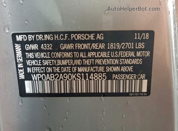 WP0AB2A90KS114885 2019 PORSCHE 911 Silver Vista de la etiqueta del VIN
