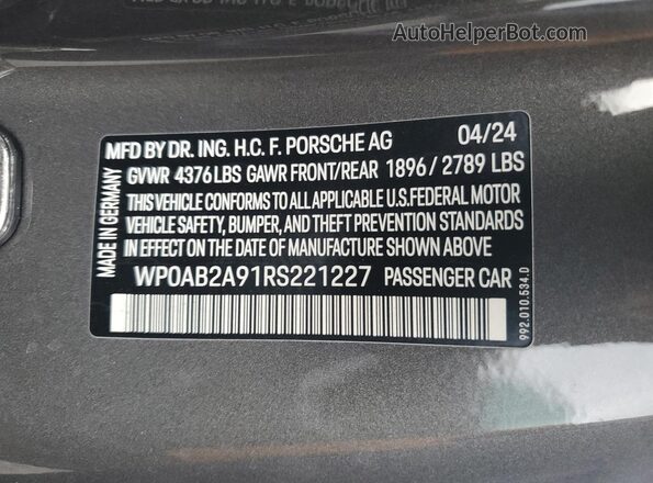 WP0AB2A91RS221227 2024 PORSCHE 911 Серый Вид наклейки с VIN-кодом