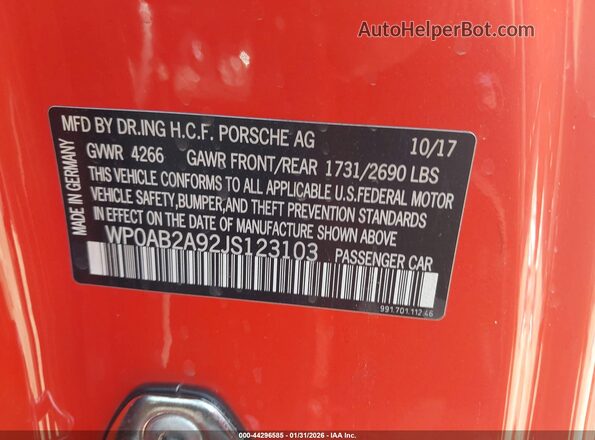 WP0AB2A92JS123103 2018 PORSCHE 911 Orange Widok komory silnika