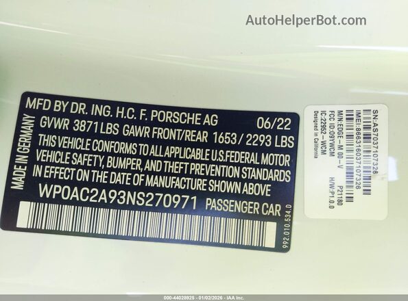 WP0AC2A93NS270971 2022 PORSCHE 911 White Engine compartment view