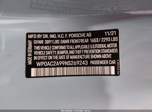 WP0AC2A99NS269243 2022 PORSCHE 911 Light Blue Вид подкапотного пространства