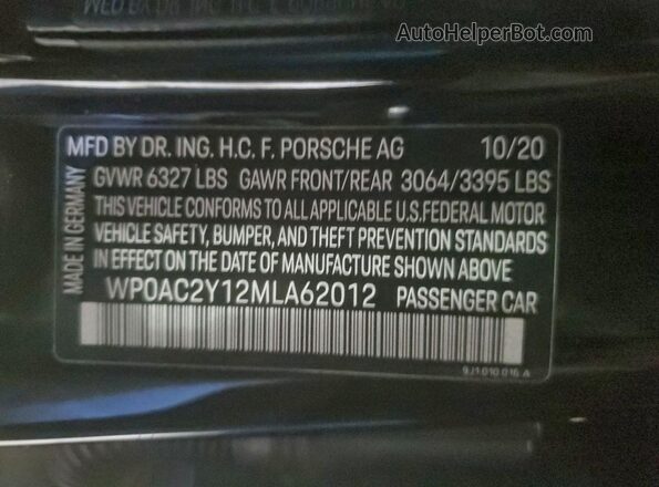 WP0AC2Y12MLA62012 2021 PORSCHE TAYCAN Black Вид наклейки з VIN-кодом