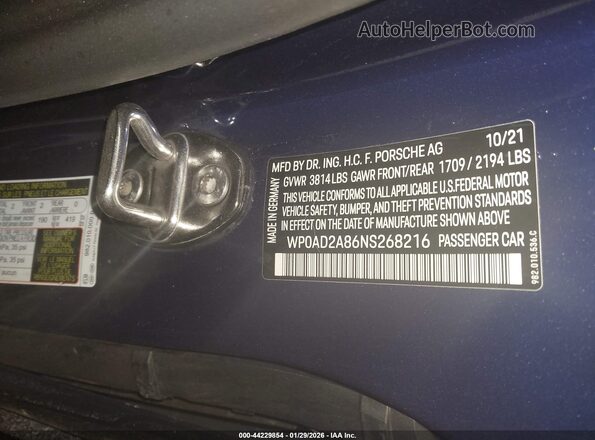 WP0AD2A86NS268216 2022 PORSCHE CAYMAN Blue Vista del compartimento del motor