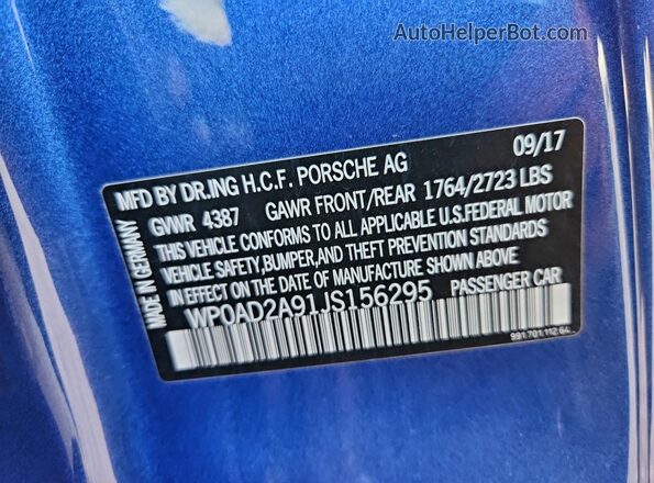 WP0AD2A91JS156295 2018 PORSCHE 911 Blue VIN კოდის სტიკერის ხედი