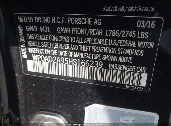 WP0AD2A95HS166239 2017 PORSCHE 911 Black Vista del compartimento del motor