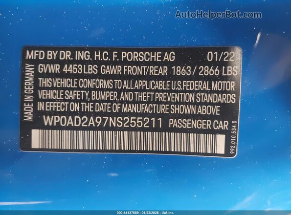 WP0AD2A97NS255211 2022 PORSCHE 911 Синий Вид подкапотного пространства