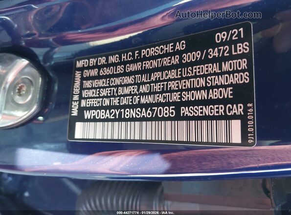 WP0BA2Y18NSA67085 2022 PORSCHE TAYCAN Blue Widok komory silnika