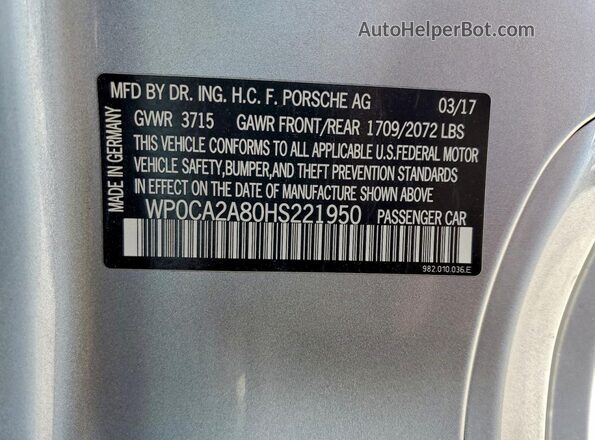 WP0CA2A80HS221950 2017 PORSCHE BOXSTER Gray Widok naklejki z numerem VIN