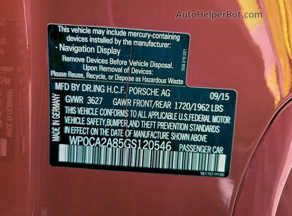WP0CA2A85GS120546 2016 PORSCHE BOXSTER Red Շարժիչի բաժամունքի տեսք