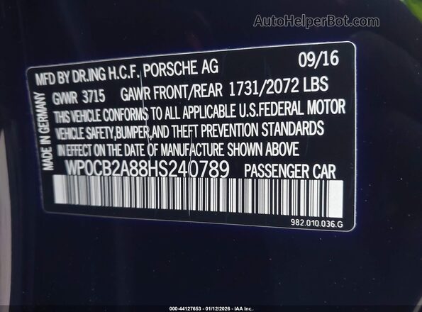 WP0CB2A88HS240789 2017 PORSCHE BOXSTER Черный Вид подкапотного пространства