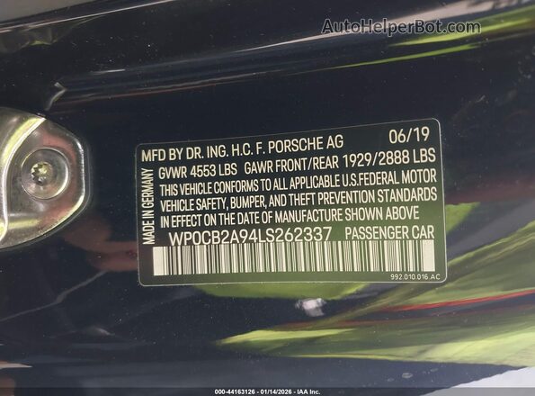 WP0CB2A94LS262337 2020 PORSCHE 911 Black Շարժիչի բաժամունքի տեսք