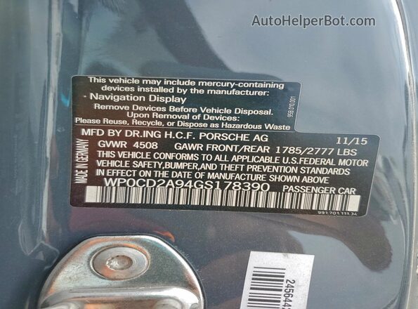 WP0CD2A94GS178390 2016 PORSCHE 911 Gray Vista de la etiqueta del VIN