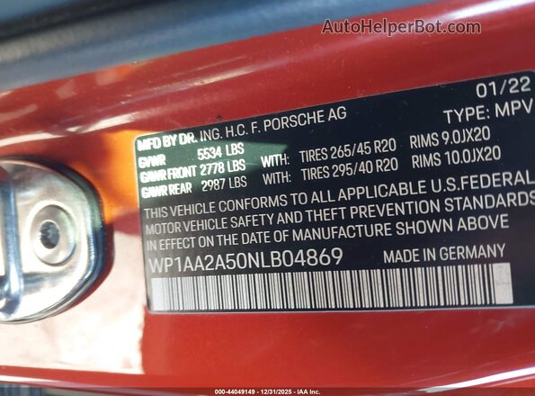 WP1AA2A50NLB04869 2022 PORSCHE MACAN Orange Вид підкапотного простору