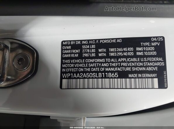 WP1AA2A50SLB11865 2025 PORSCHE MACAN White ძრავის განყოფილების ხედი