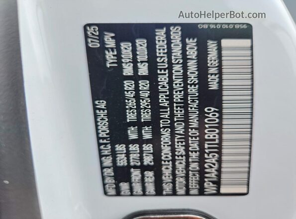 WP1AA2A51TLB01069 2026 PORSCHE MACAN White Вид підкапотного простору