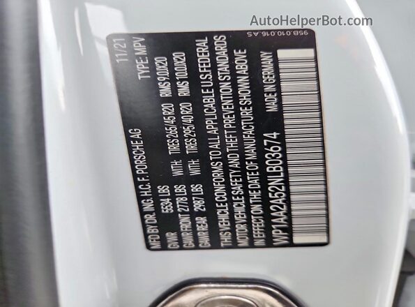 WP1AA2A52NLB03674 2022 PORSCHE MACAN White VIN կոդի պիտակի տեսք