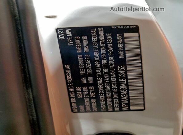 WP1AA2A53MLB13452 2021 PORSCHE MACAN White Widok naklejki z numerem VIN