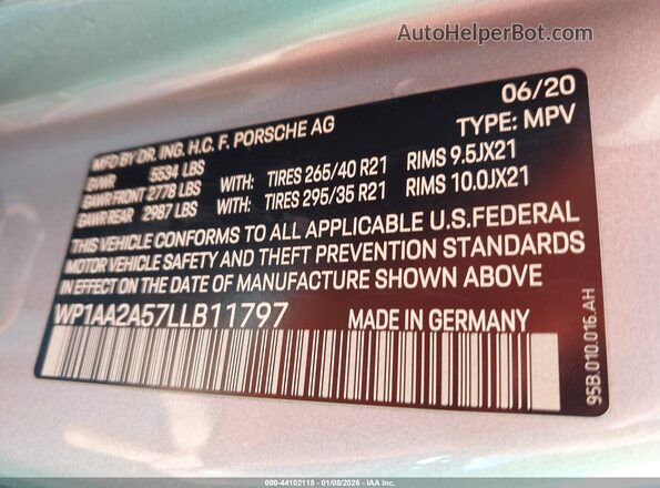 WP1AA2A57LLB11797 2020 PORSCHE MACAN Синий 