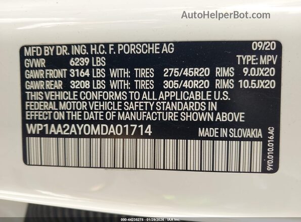 WP1AA2AY0MDA01714 2021 PORSCHE CAYENNE White Vista del compartimento del motor