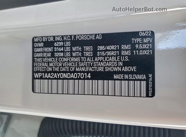 WP1AA2AY0NDA07014 2022 PORSCHE CAYENNE Белый Вид наклейки с VIN-кодом