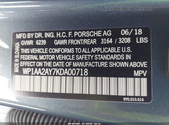 WP1AA2AY7KDA00718 2019 PORSCHE CAYENNE Blue ძრავის განყოფილების ხედი