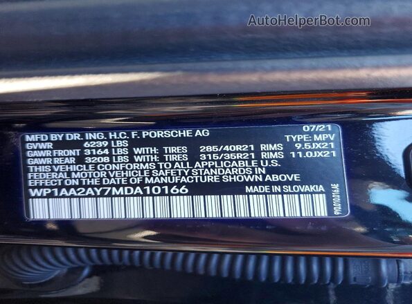 WP1AA2AY7MDA10166 2021 PORSCHE CAYENNE Black Vista interior de 360 grados