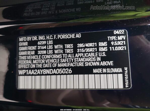 WP1AA2AY8NDA05026 2022 PORSCHE CAYENNE Black 