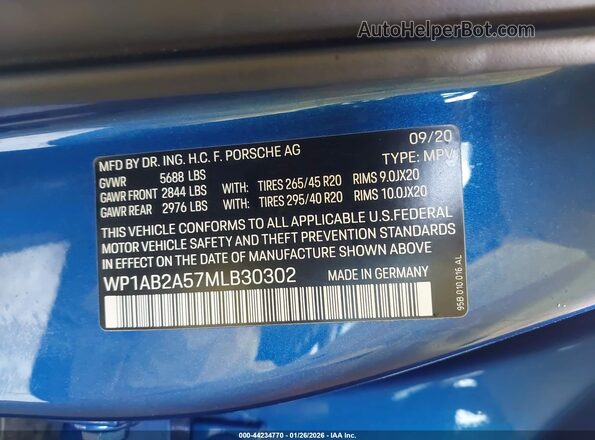 WP1AB2A57MLB30302 2021 PORSCHE MACAN Blue Vista del compartimento del motor
