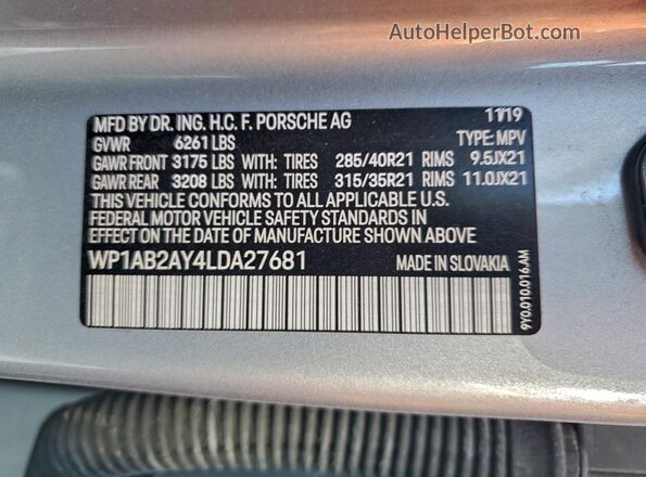 WP1AB2AY4LDA27681 2020 PORSCHE CAYENNE Silver VIN sticker view