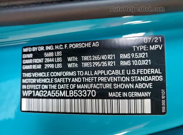 WP1AG2A55MLB53370 2021 PORSCHE MACAN Turquoise Вид підкапотного простору