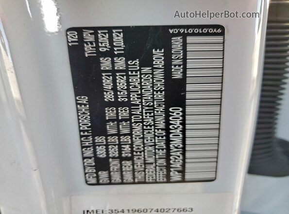 WP1AG2AY3MDA34060 2021 PORSCHE CAYENNE White Панорамний вид салону 360°
