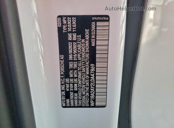 WP1BA2AY2LDA47869 2020 PORSCHE CAYENNE White VIN կոդի պիտակի տեսք