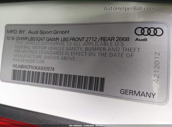 WUABWCF50KA900974 2019 AUDI RS5 White Widok komory silnika