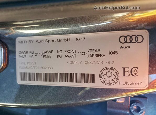 WUABWGFF2J1902983 2018 AUDI RS3 Gray Vista del compartimento del motor
