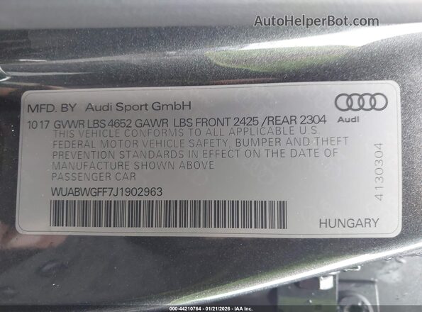 WUABWGFF7J1902963 2018 AUDI RS3 Gray 