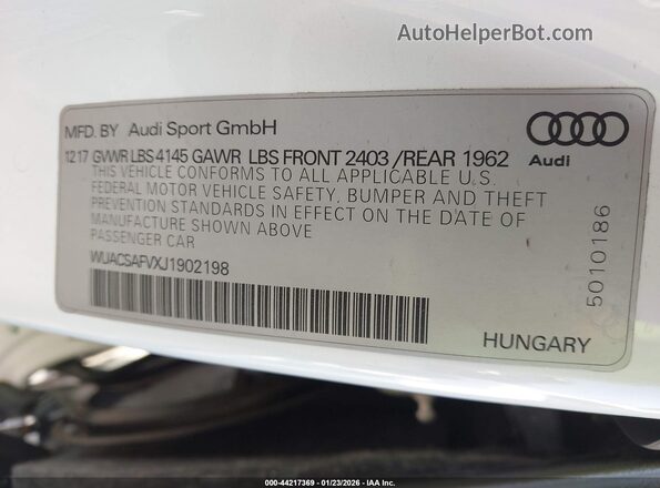 WUACSAFVXJ1902198 2018 AUDI TT White Вид підкапотного простору