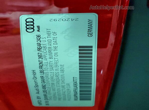 WUAPWAF56JA904777 2018 AUDI RS5 Red Vista de la etiqueta del VIN