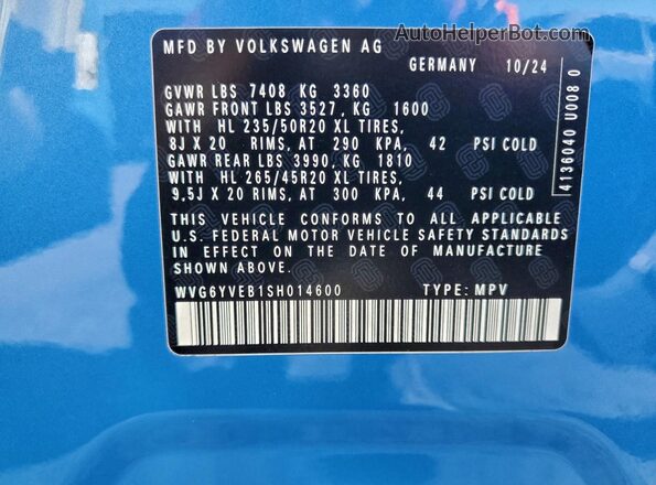 WVG6YVEB1SH014600 2025 VOLKSWAGEN ID Двухцветный Вид наклейки с VIN-кодом