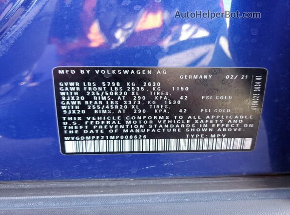 WVGDMPE21MP008626 2021 VOLKSWAGEN ID.4 Blue Вид наклейки з VIN-кодом