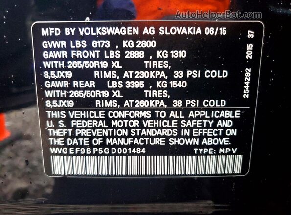 WVGEF9BP5GD001484 2016 VOLKSWAGEN TOUAREG Black VIN კოდის სტიკერის ხედი