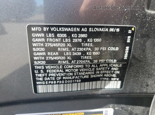 WVGEP9BP3GD001769 2016 VOLKSWAGEN TOUAREG Gray VIN კოდის სტიკერის ხედი