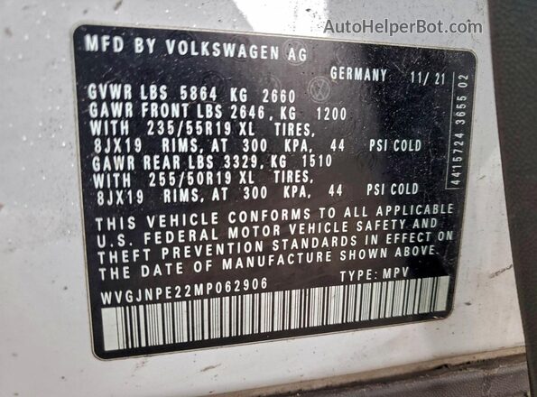 WVGJNPE22MP062906 2021 VOLKSWAGEN ID.4 White Widok wnętrza 360 stopni
