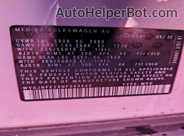 WVGJNPE29NP069868 2022 VOLKSWAGEN ID.4 White სალონის 360-გრადუსიანი ხედი