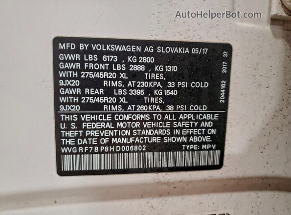 WVGRF7BP8HD006802 2017 VOLKSWAGEN TOUAREG White Widok naklejki z numerem VIN
