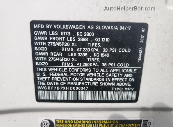 WVGRF7BPXHD006347 2017 VOLKSWAGEN TOUAREG White VIN կոդի պիտակի տեսք