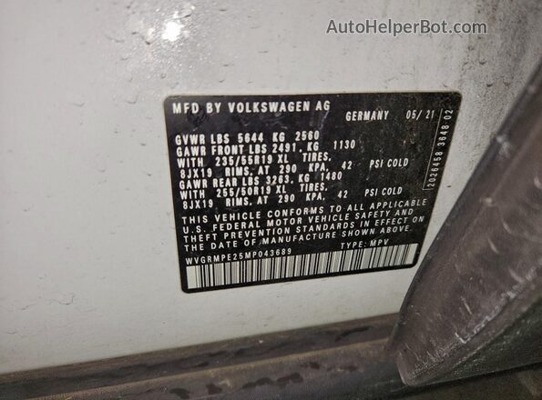 WVGRMPE25MP043689 2021 VOLKSWAGEN ID.4 White Vista interior de 360 grados