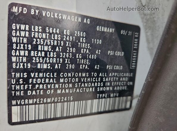 WVGRMPE26MP022415 2021 VOLKSWAGEN ID.4 White Widok komory silnika