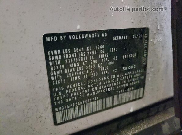 WVGRMPE2XNP059744 2022 VOLKSWAGEN ID.4 White VIN კოდის სტიკერის ხედი