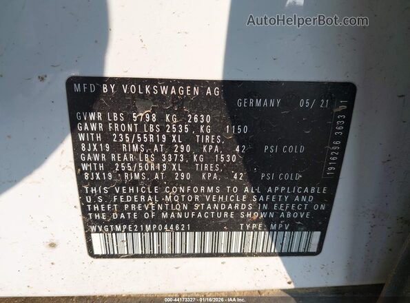 WVGTMPE21MP044621 2021 VOLKSWAGEN ID.4 White Вид підкапотного простору