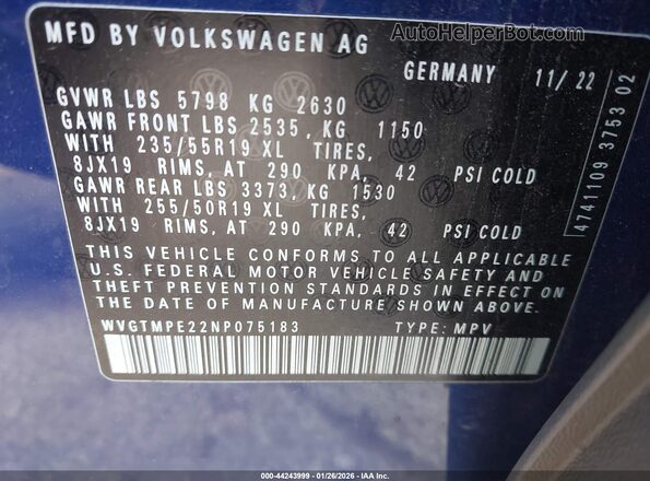 WVGTMPE22NP075183 2022 VOLKSWAGEN ID.4 Blue Widok komory silnika